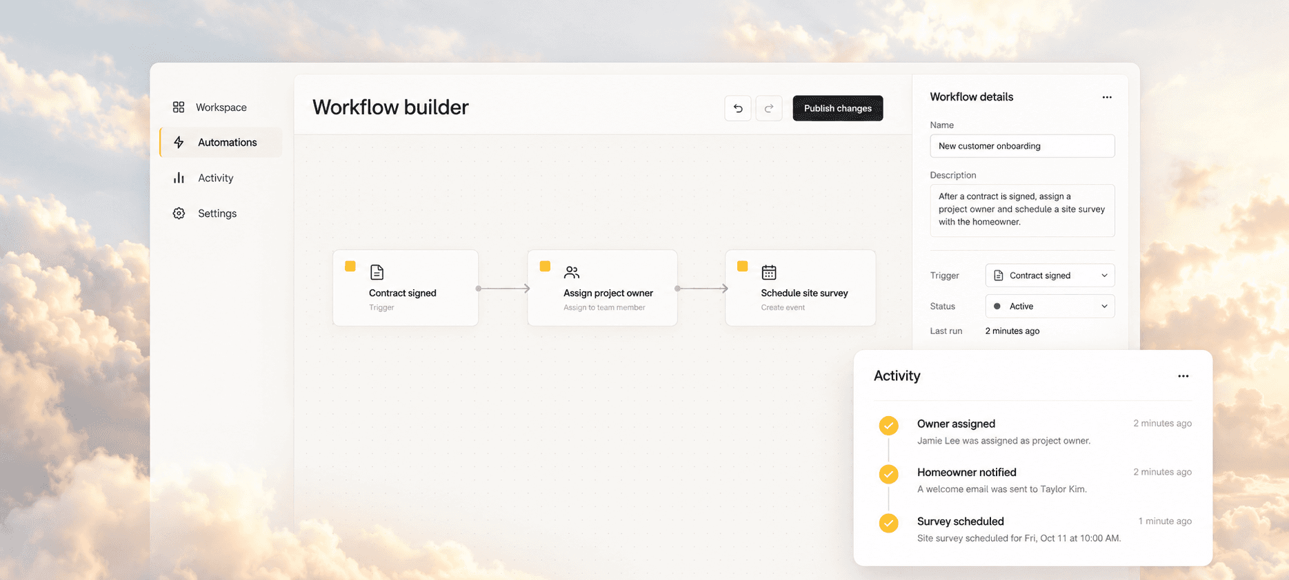 Spark workflow builder connecting a signed contract to project assignment and site survey scheduling