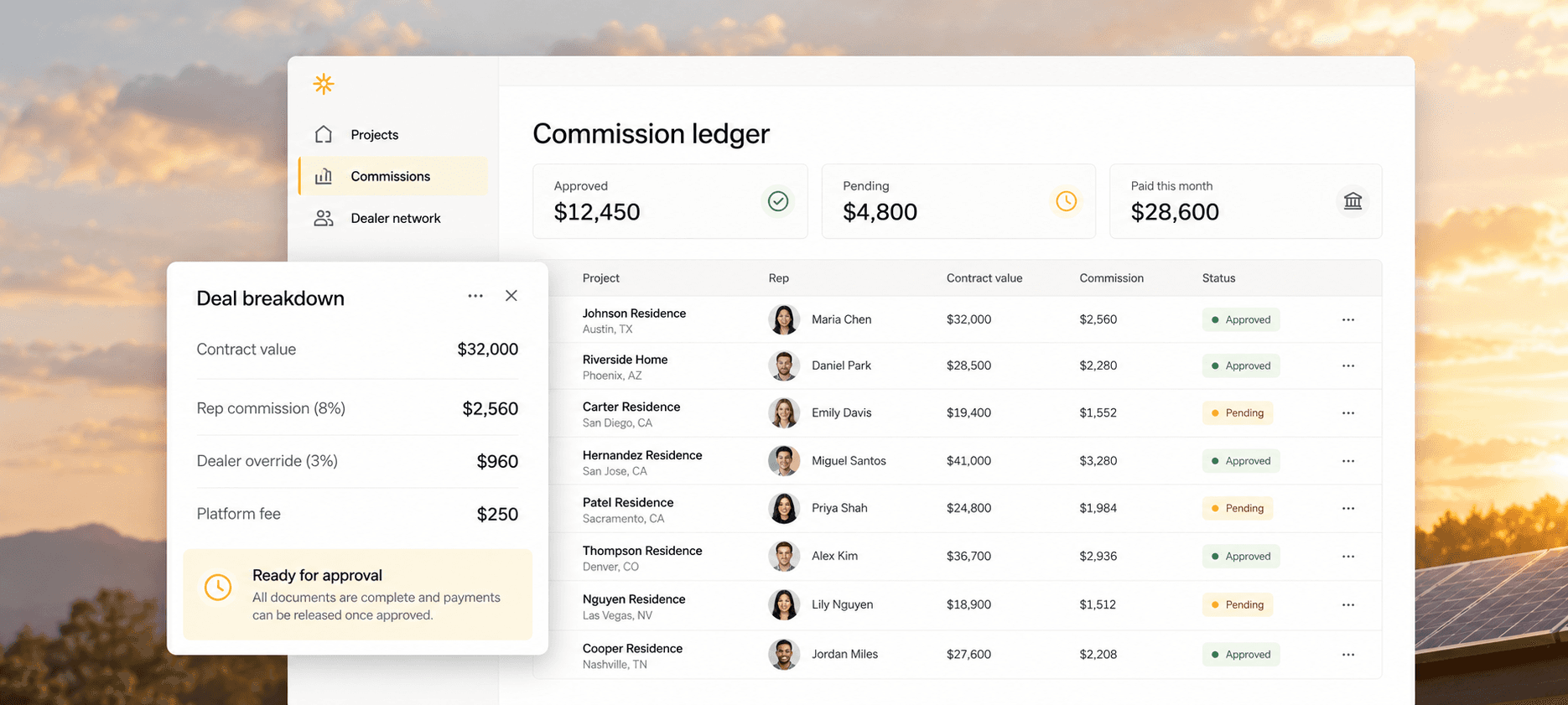 Spark commission ledger with approved payouts and an overlapping deal breakdown card