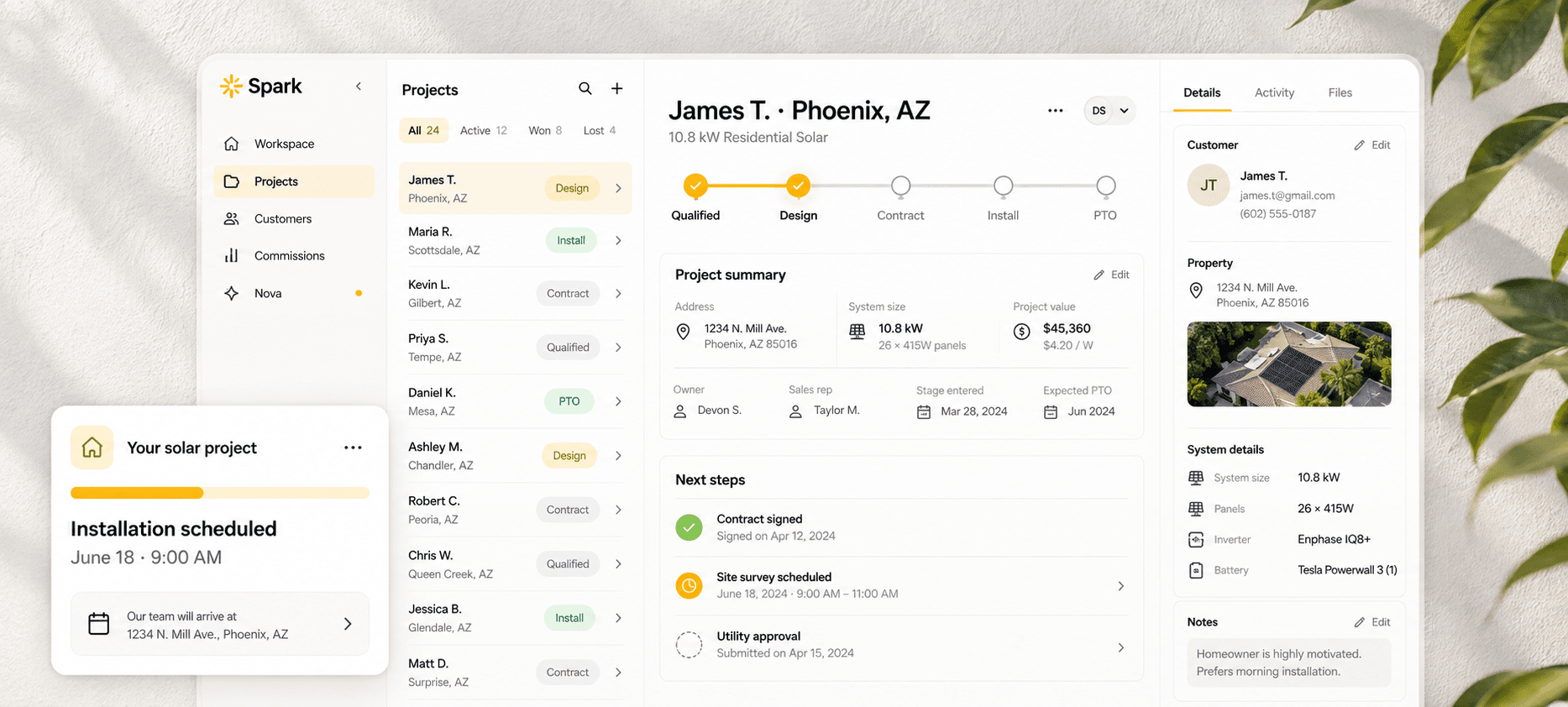 Spark project workspace with a solar milestone tracker and homeowner installation status card