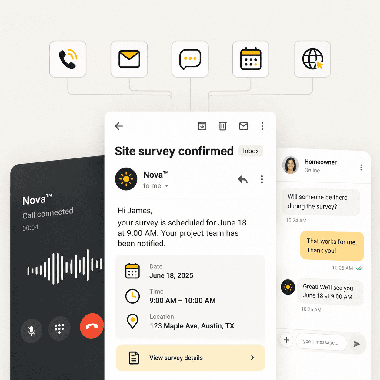 Nova connected call, email, and homeowner chat confirming a solar site survey