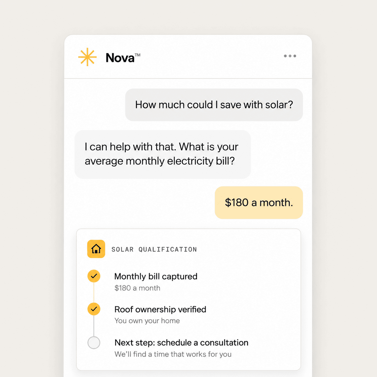 Nova solar qualification conversation capturing a homeowner's monthly electricity bill