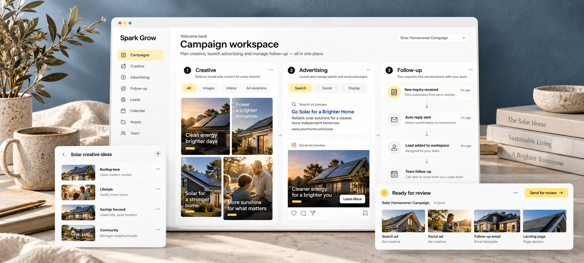 Illustrative Spark Grow campaign workspace connecting creative, advertising, and follow-up services