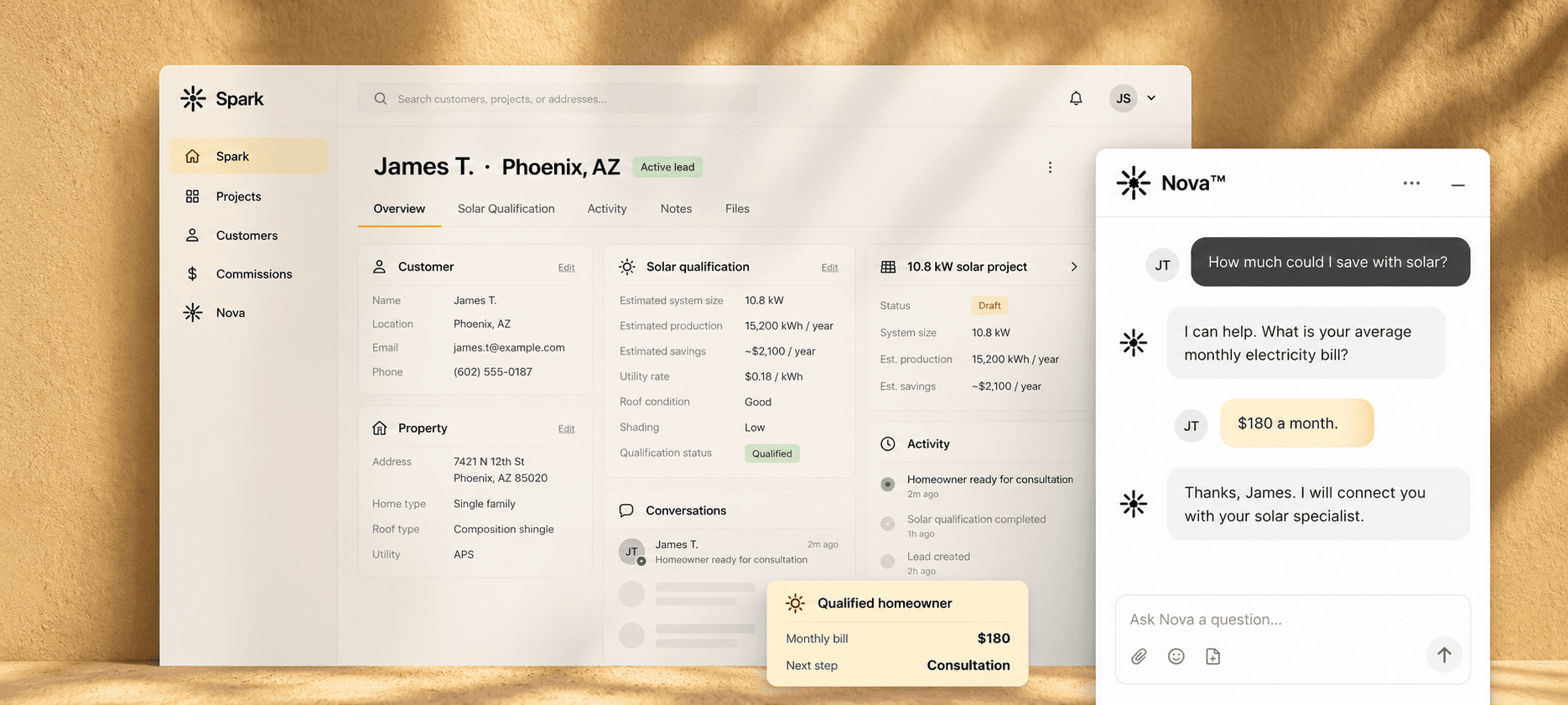 Nova solar qualification messenger layered over the connected Spark customer workspace