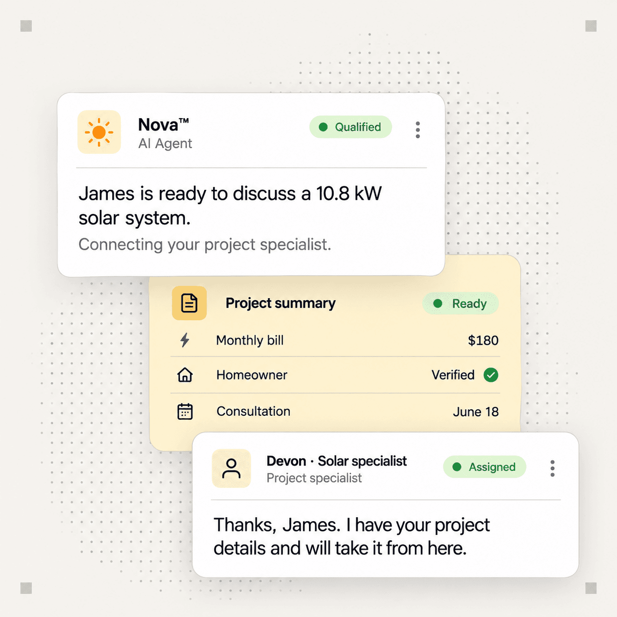 Nova conversation handed to a solar specialist with a shared project summary