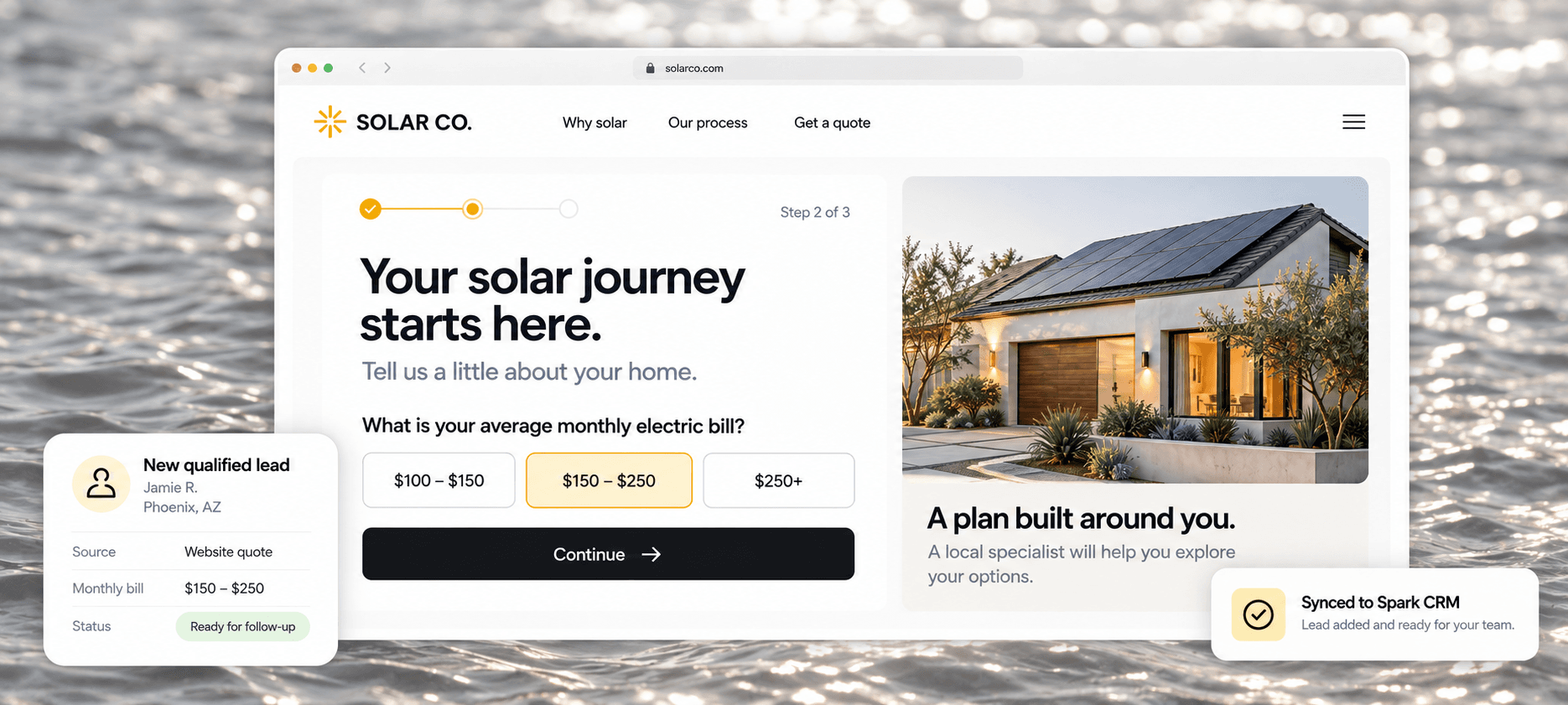 Solar quote wizard with a qualified homeowner lead and Spark CRM sync notification against a rippled water backdrop