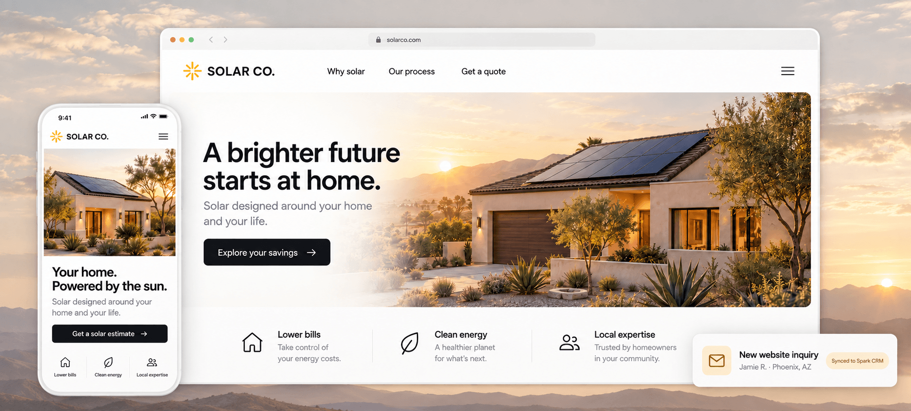 Illustrative Spark Website desktop and mobile solar website with a new inquiry synced to Spark CRM