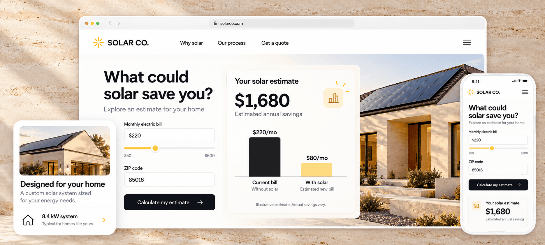 Illustrative solar savings calculator with a monthly bill slider and estimated savings comparison against a travertine backdrop
