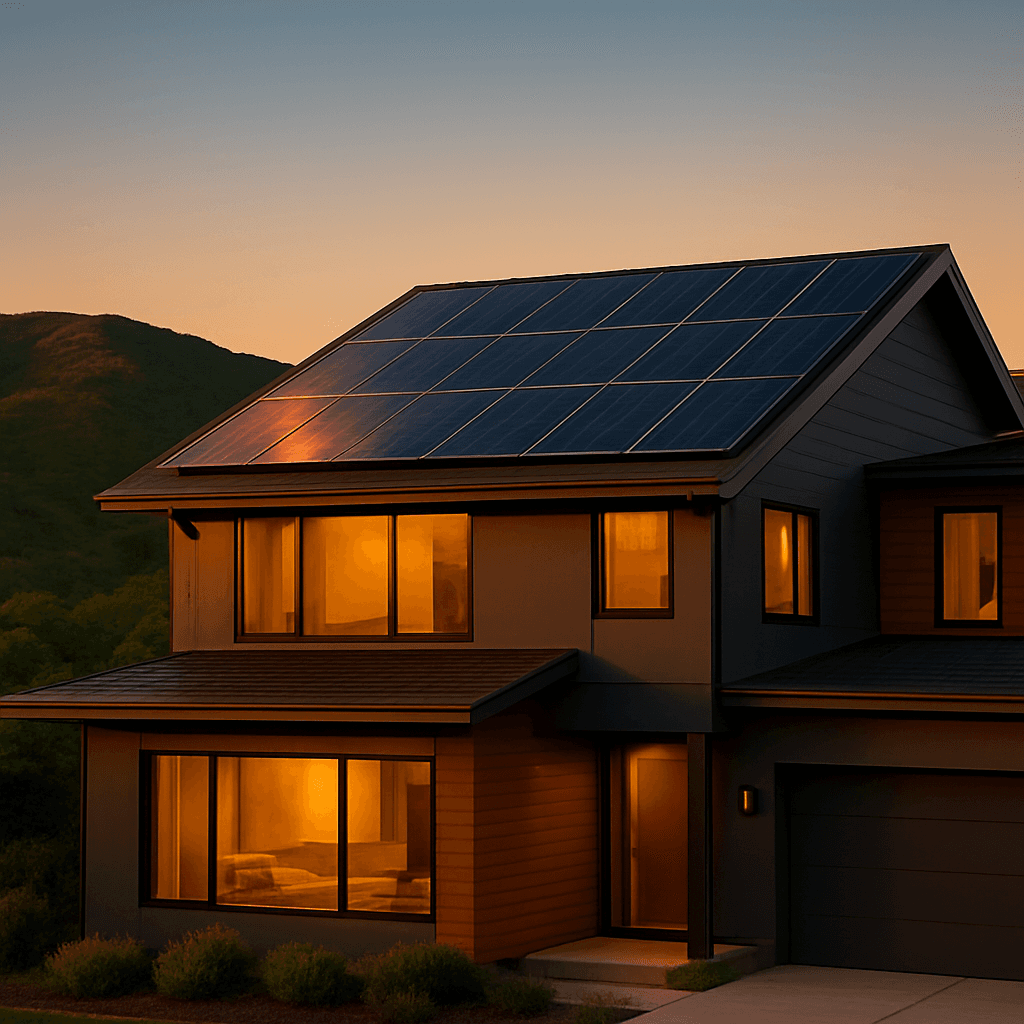 Premium residential home with solar panels at golden hour