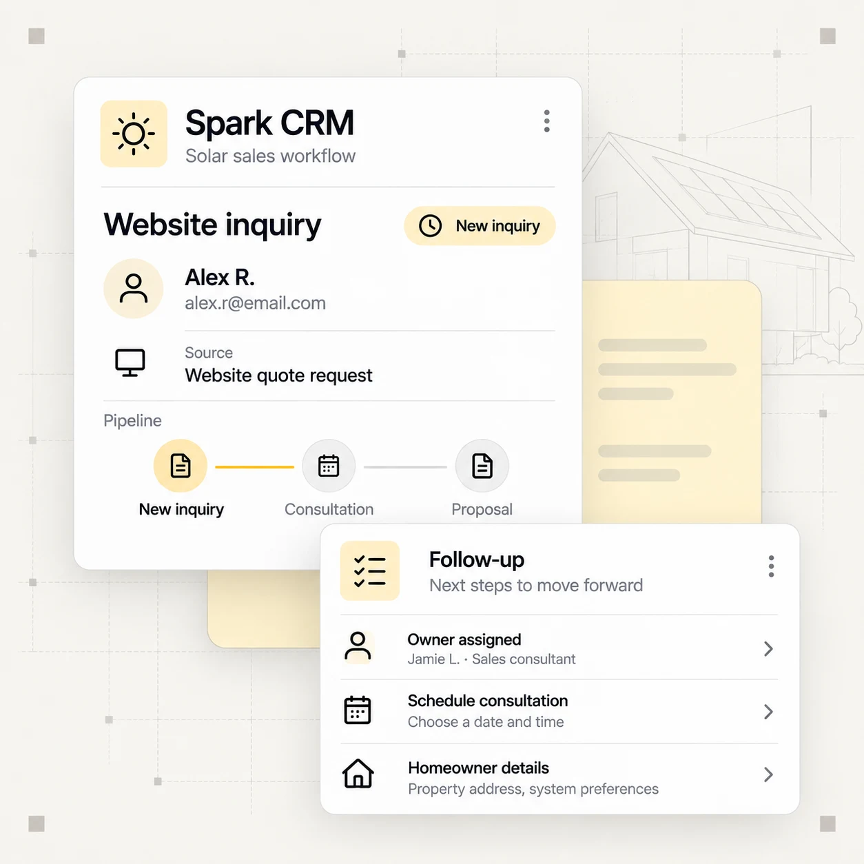 Illustrative Spark CRM website inquiry, sales pipeline, and assigned follow-up