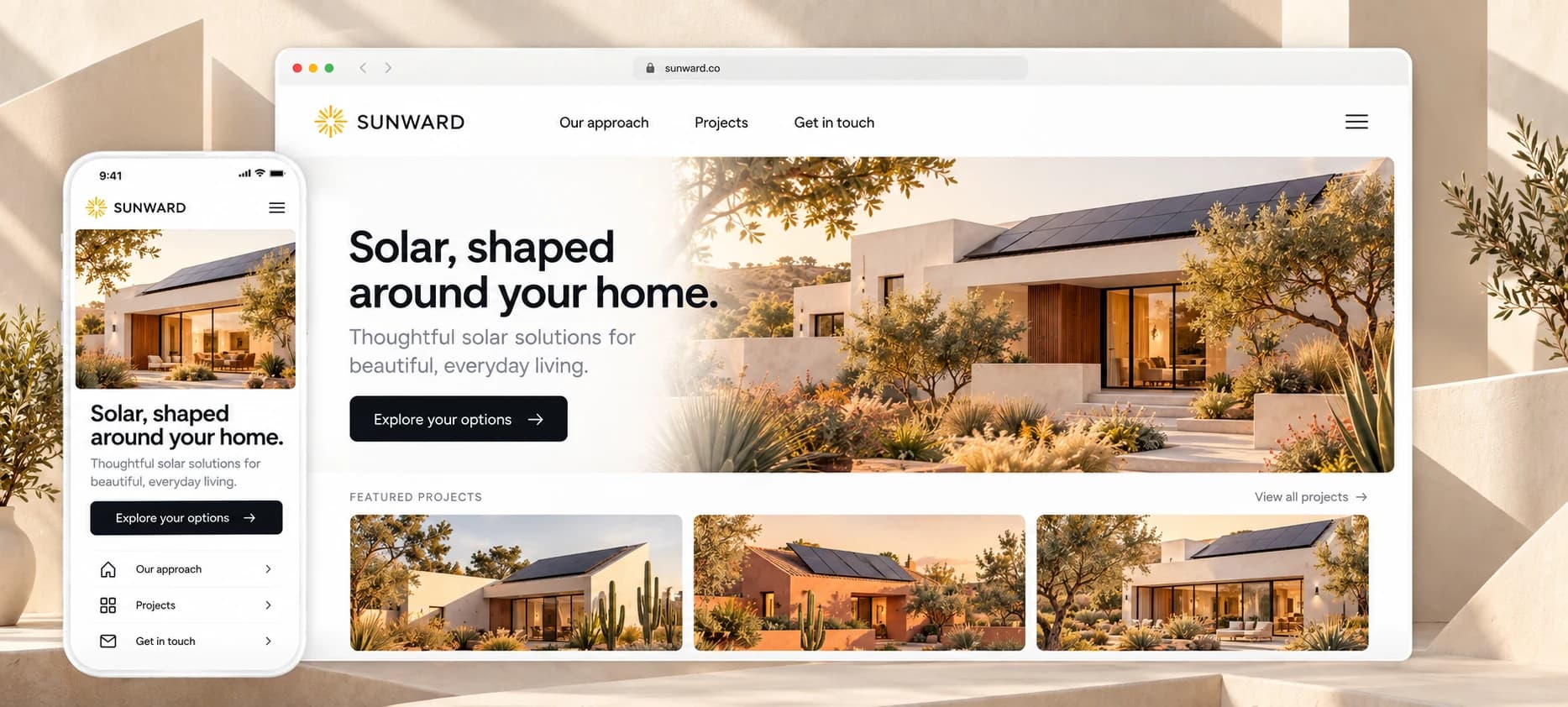 Illustrative Sunward solar website with an editorial desktop layout and matching mobile design