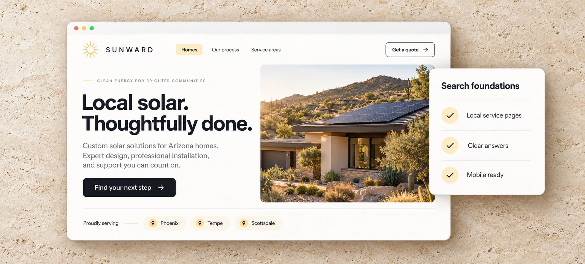 Illustrative local solar website alongside a checklist for search foundations
