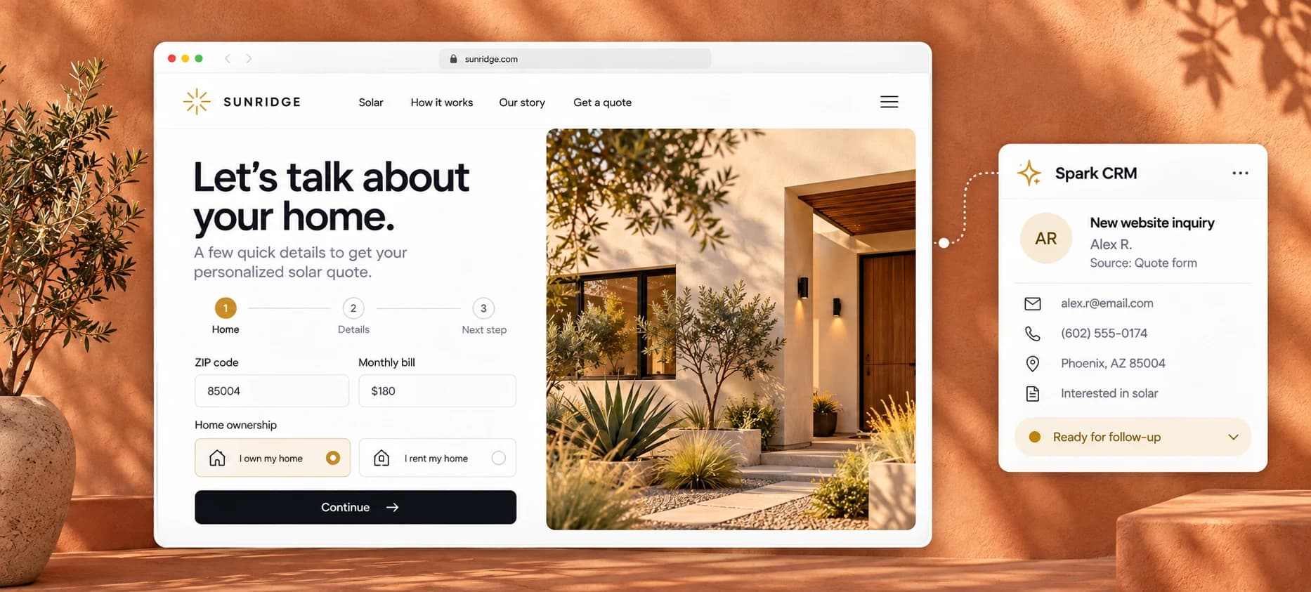 Illustrative multi-step homeowner inquiry and connected CRM handoff