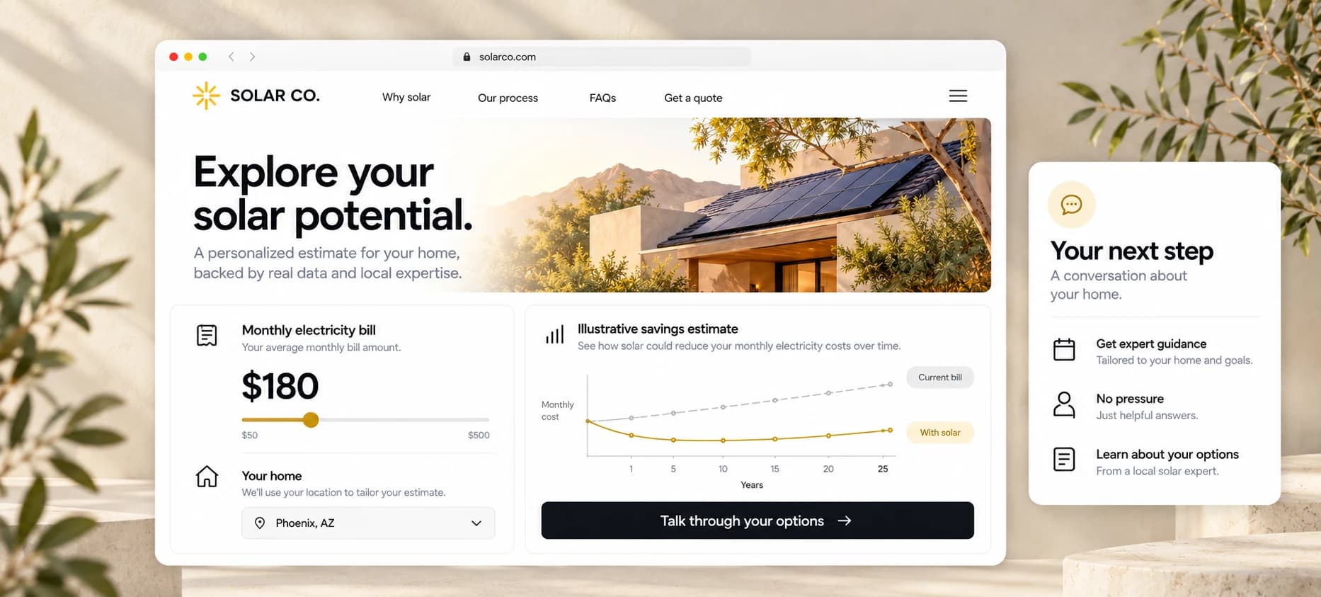 Illustrative solar savings calculator showing a monthly bill slider and estimated savings