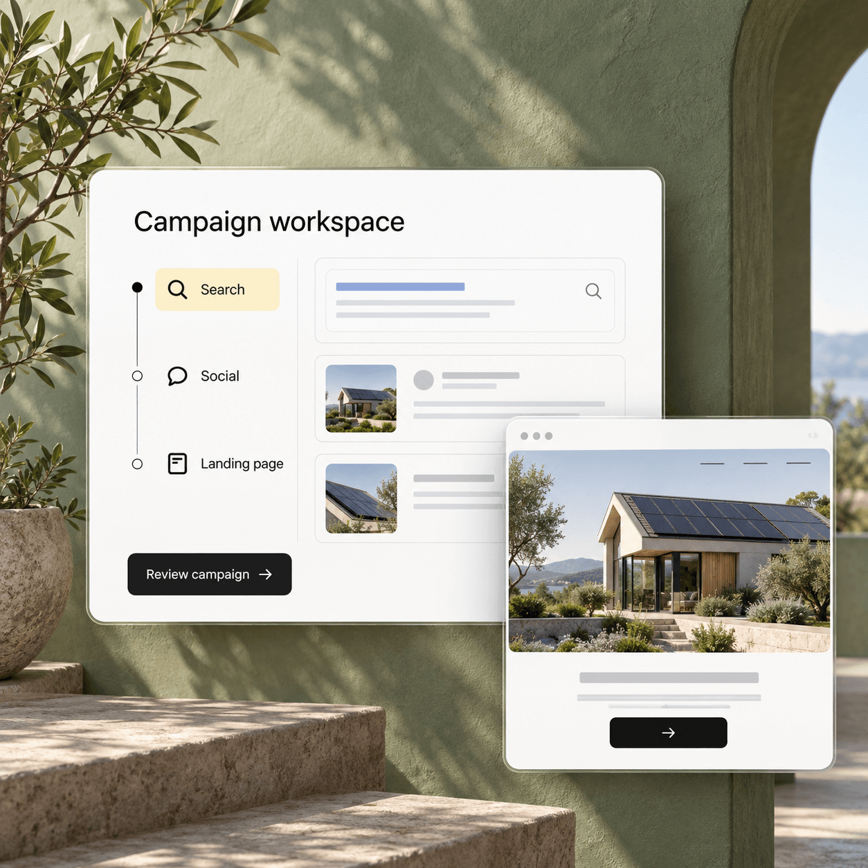 Illustrative solar campaign workspace connected to a landing page