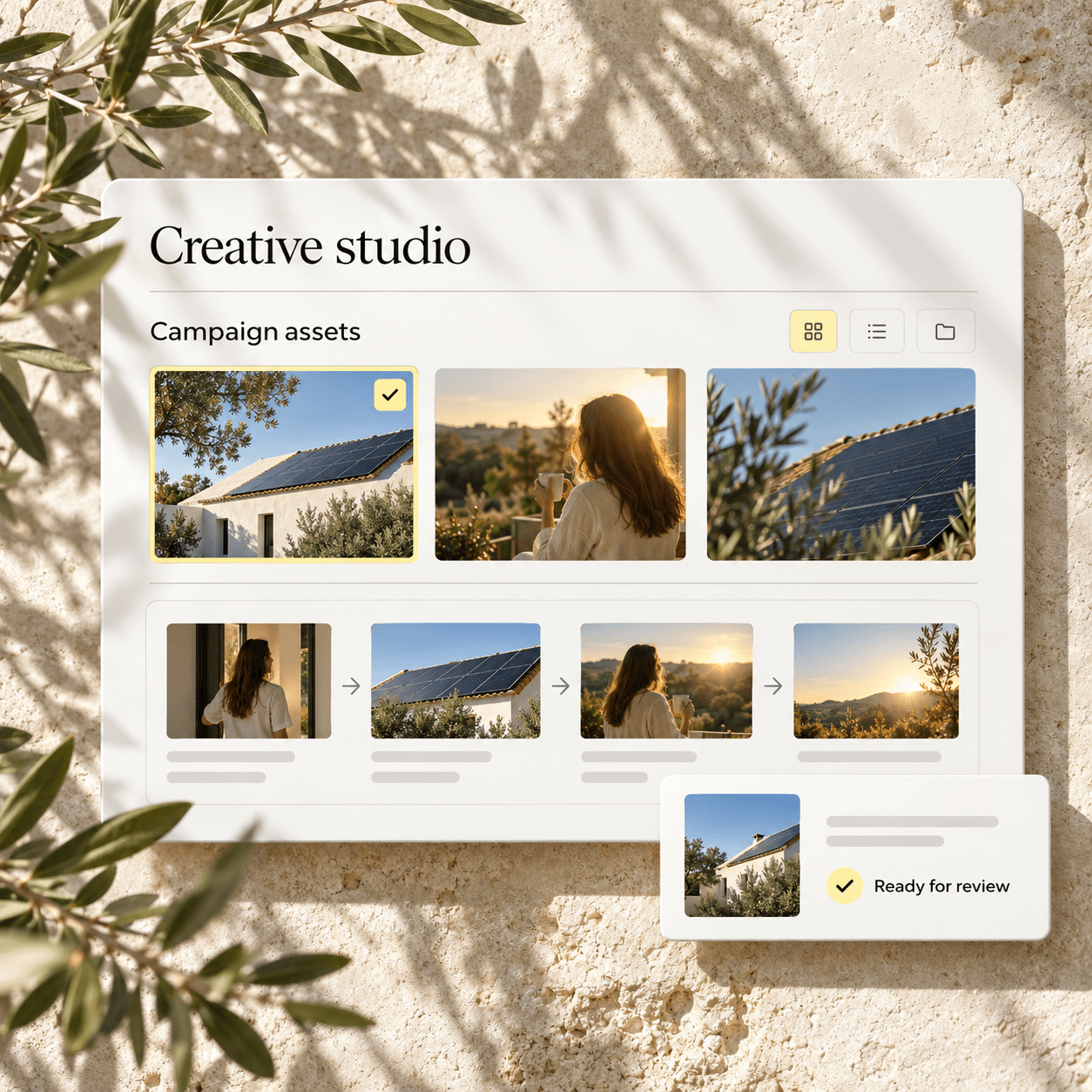 Illustrative creative workspace with solar campaign assets ready for review