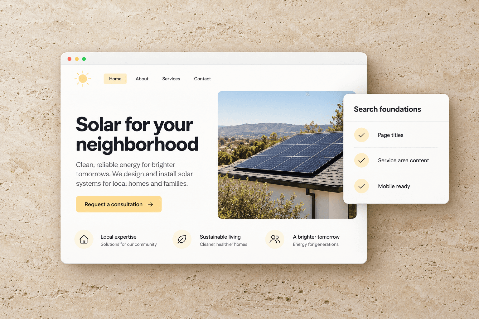 Illustrative local solar website with a search foundations checklist