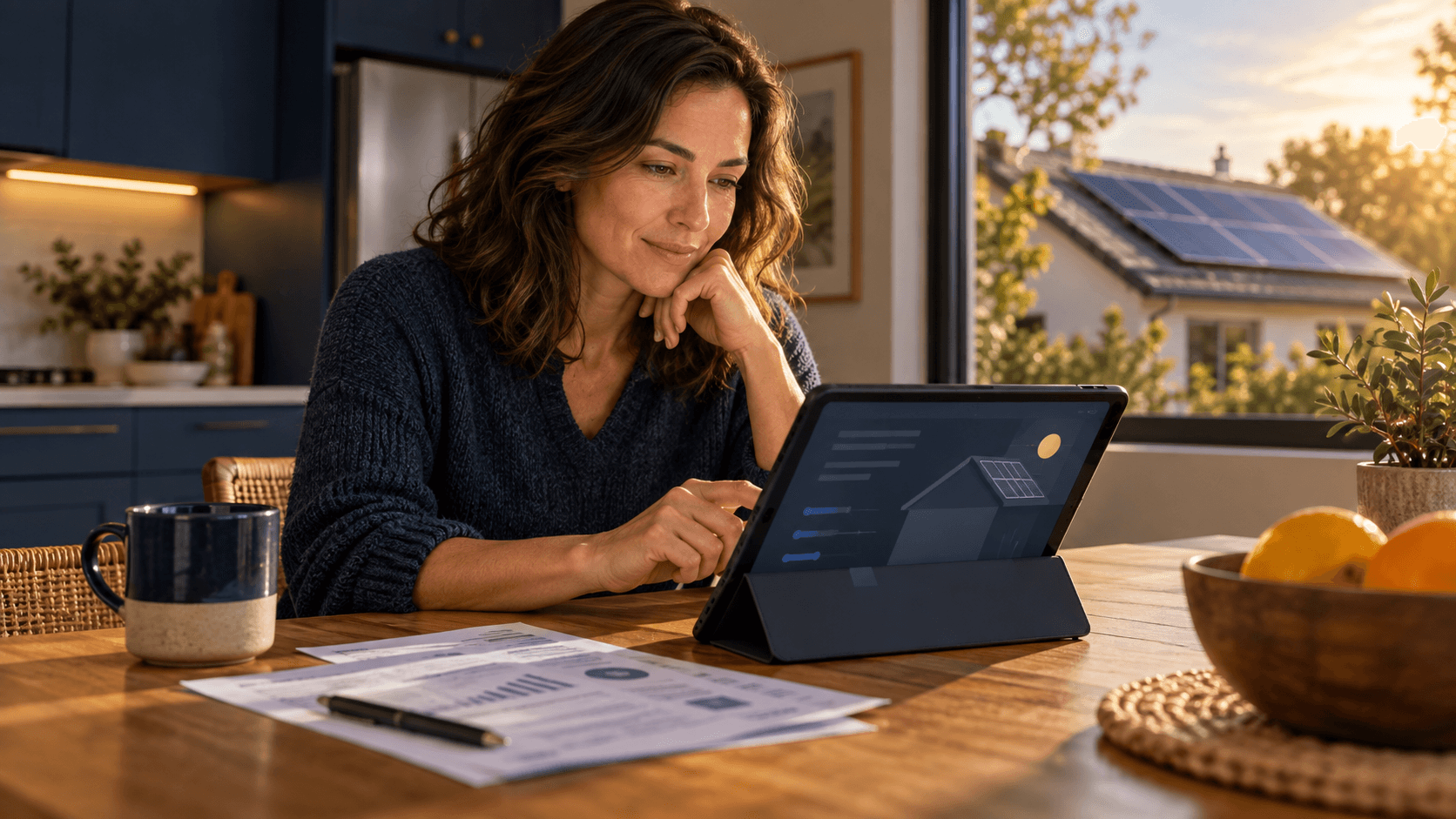 Homeowner using a tablet to explore a solar quote with a utility bill nearby