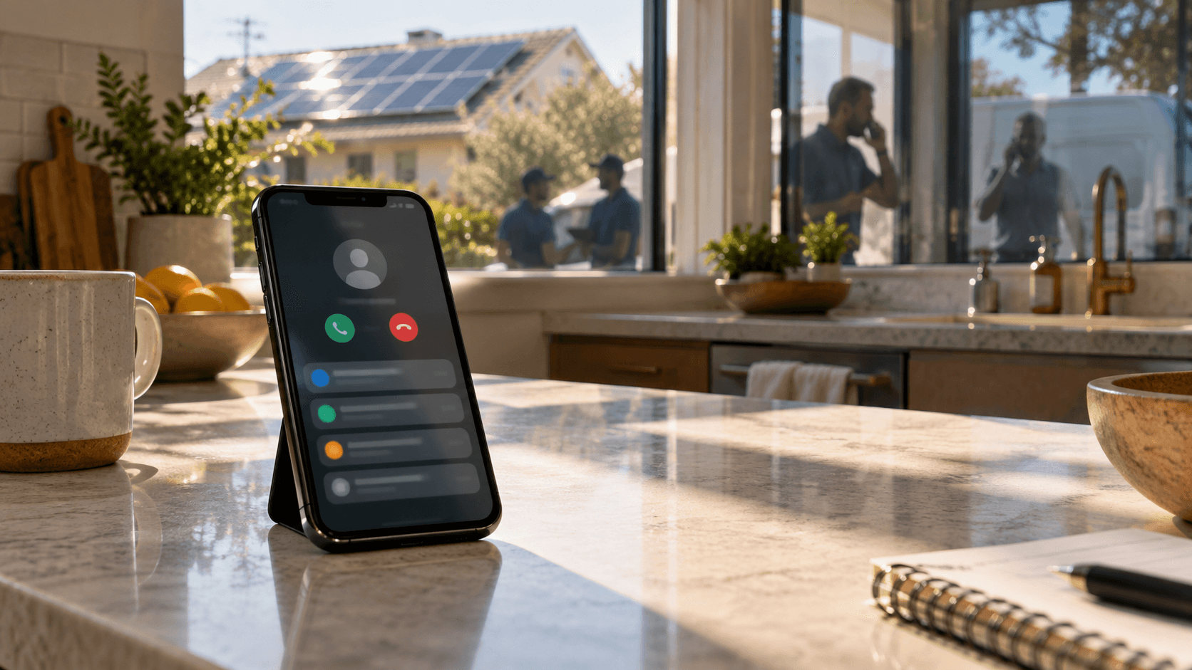 Homeowner's phone receiving multiple calls while a solar home is visible outside