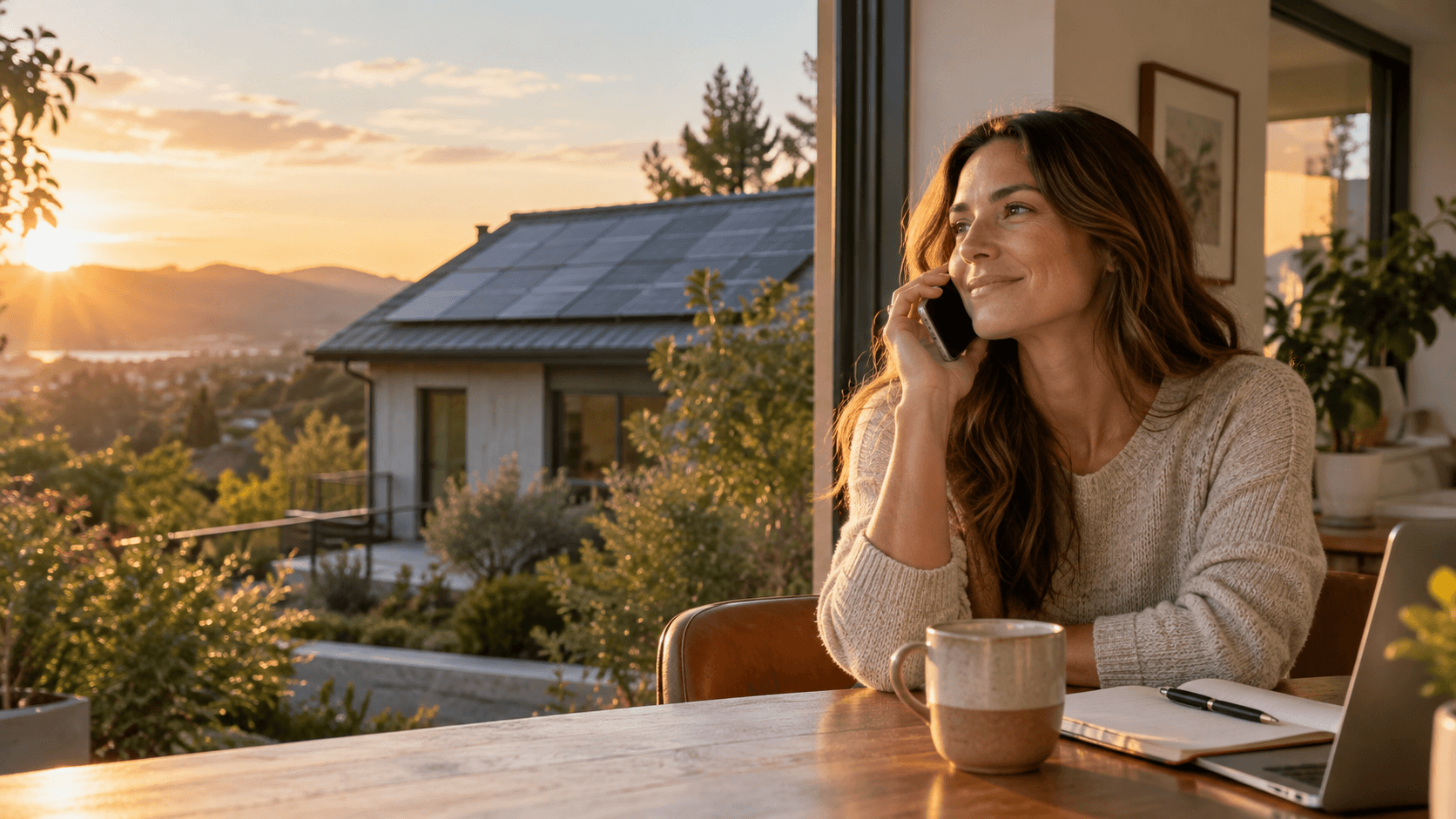 Homeowner talking on the phone beside a window overlooking a solar-powered home at sunset