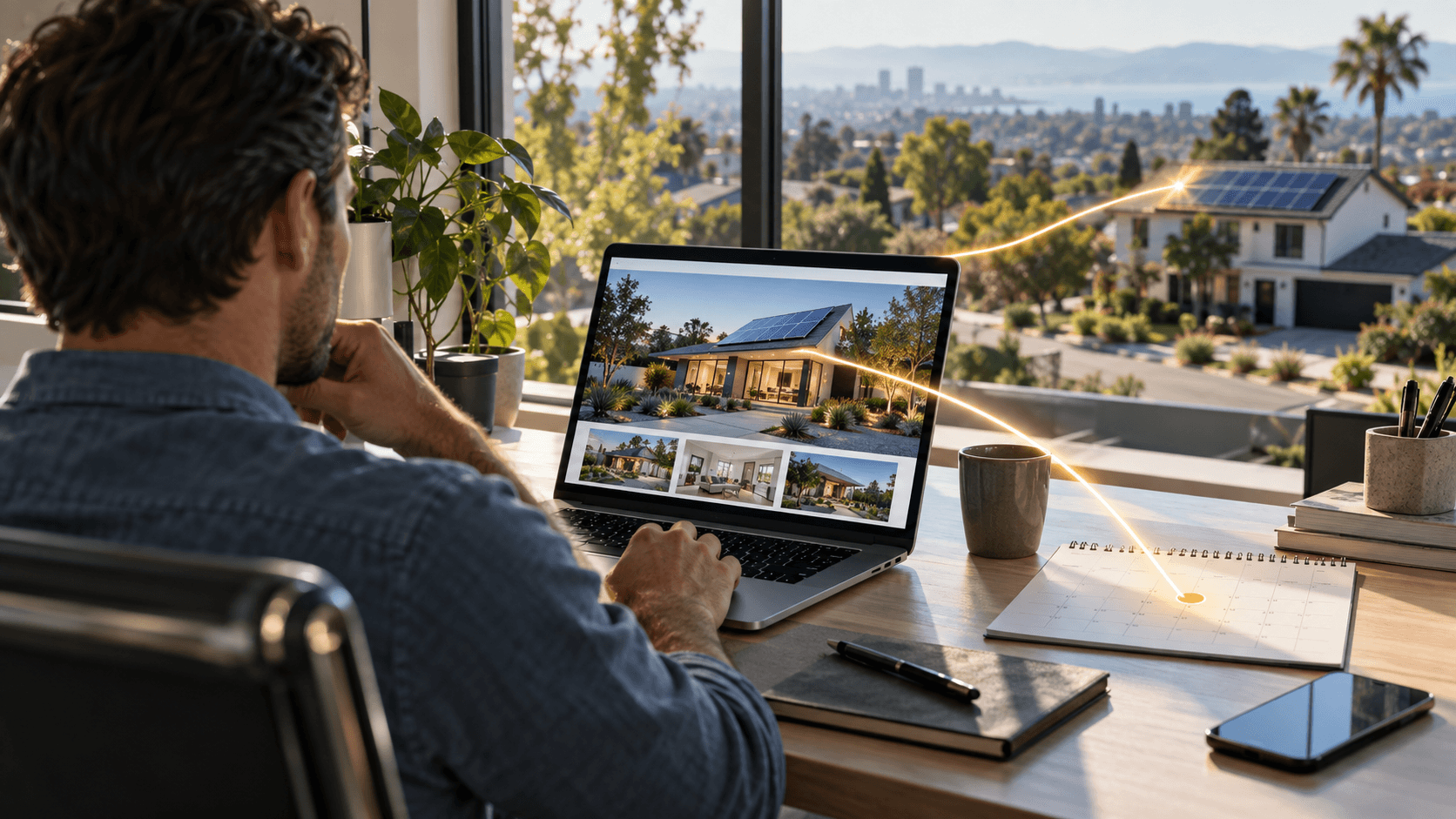 Solar dealer reviewing a website connected to a solar home and appointment calendar