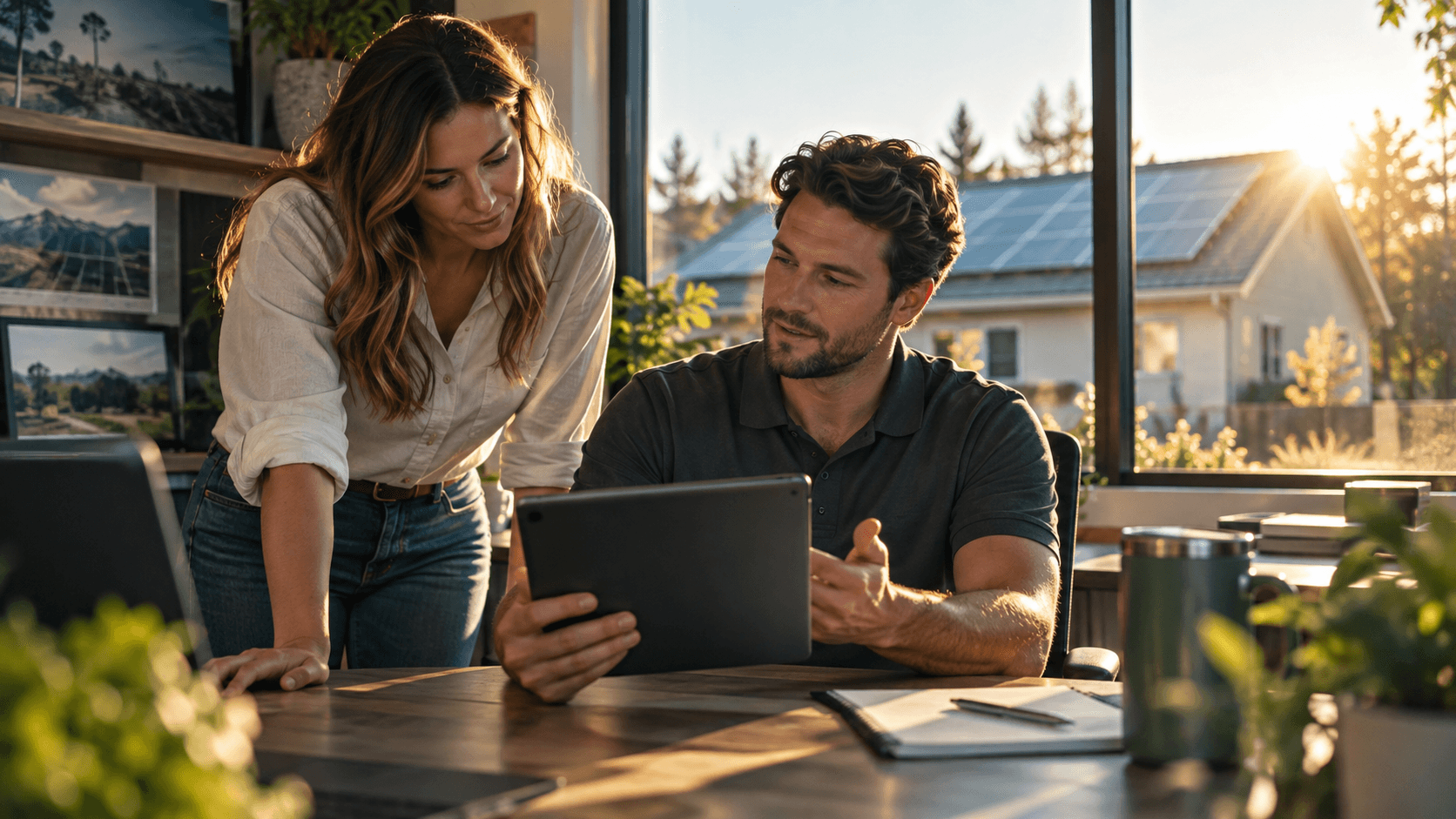 Solar sales colleagues reviewing a homeowner inquiry on a tablet before a personal follow-up