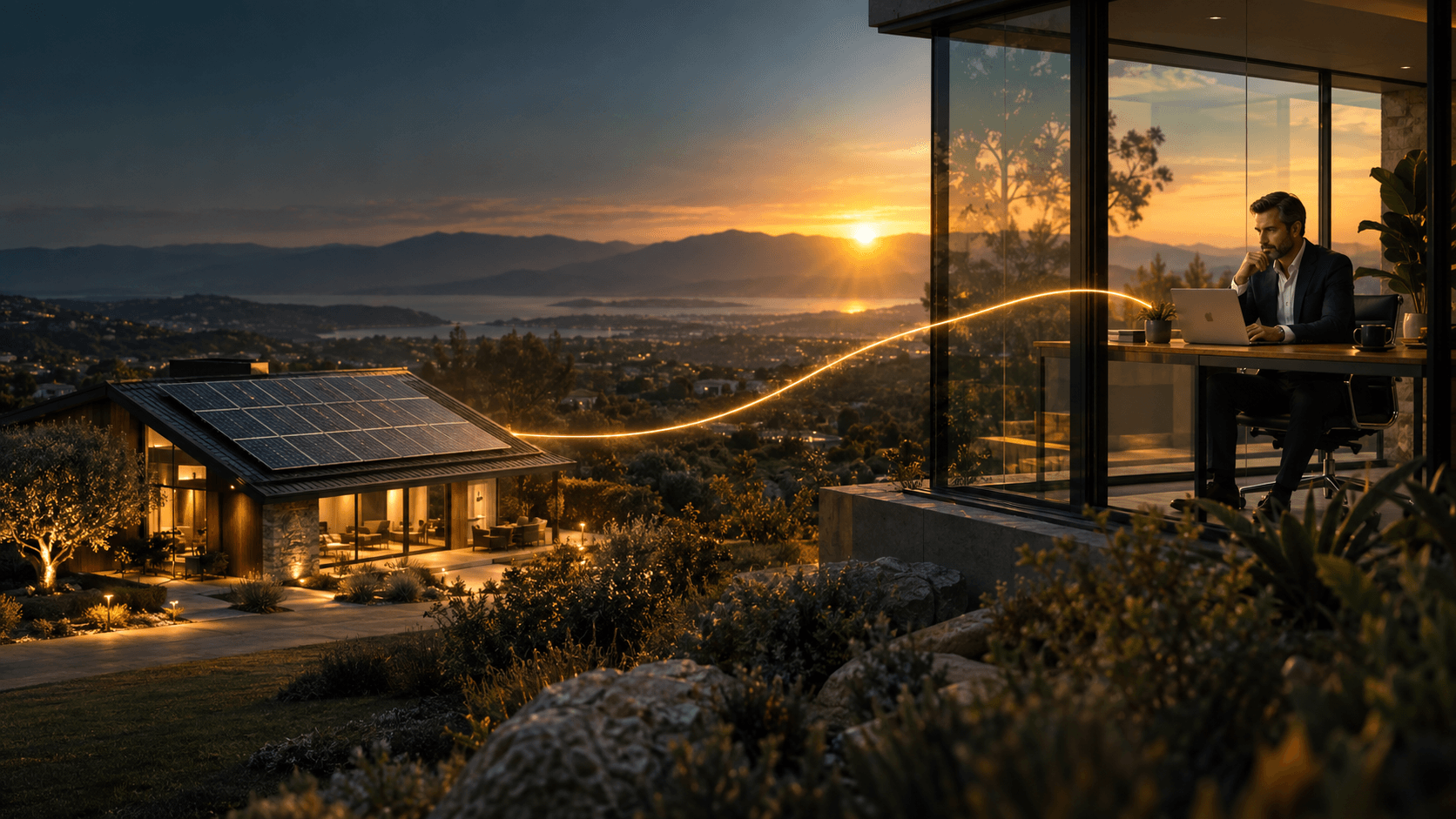 Solar home connected by a line of light to a dealer reviewing a direct marketing pipeline