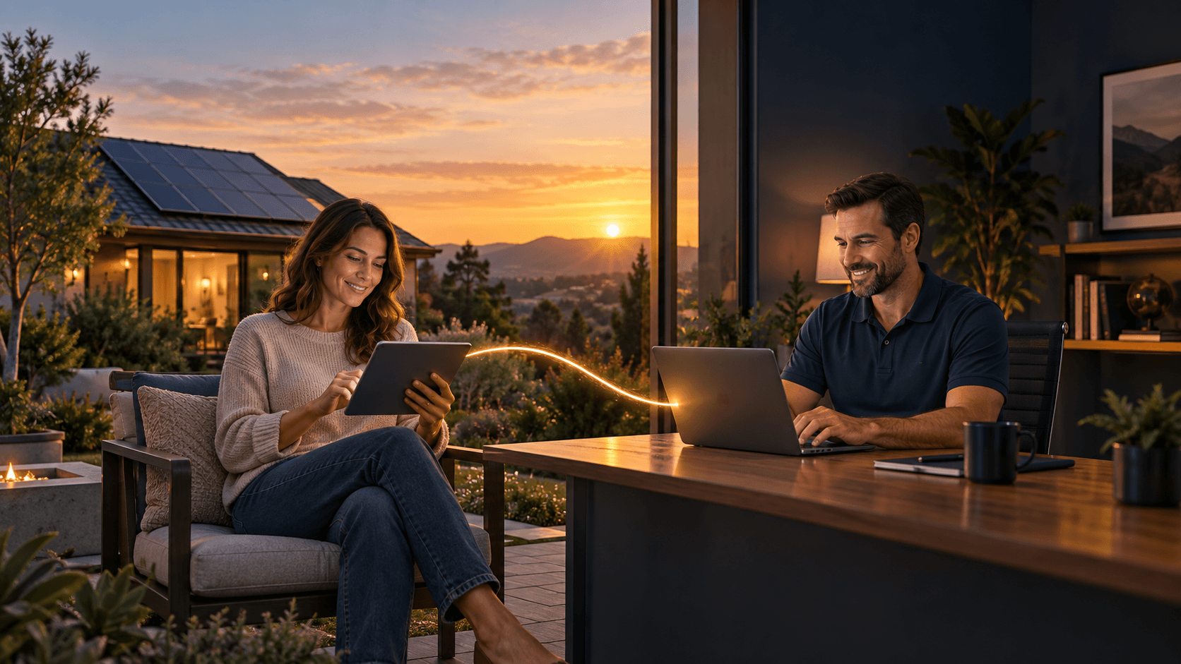 Homeowner exploring solar beside a solar-roofed home while a dealer prepares to respond