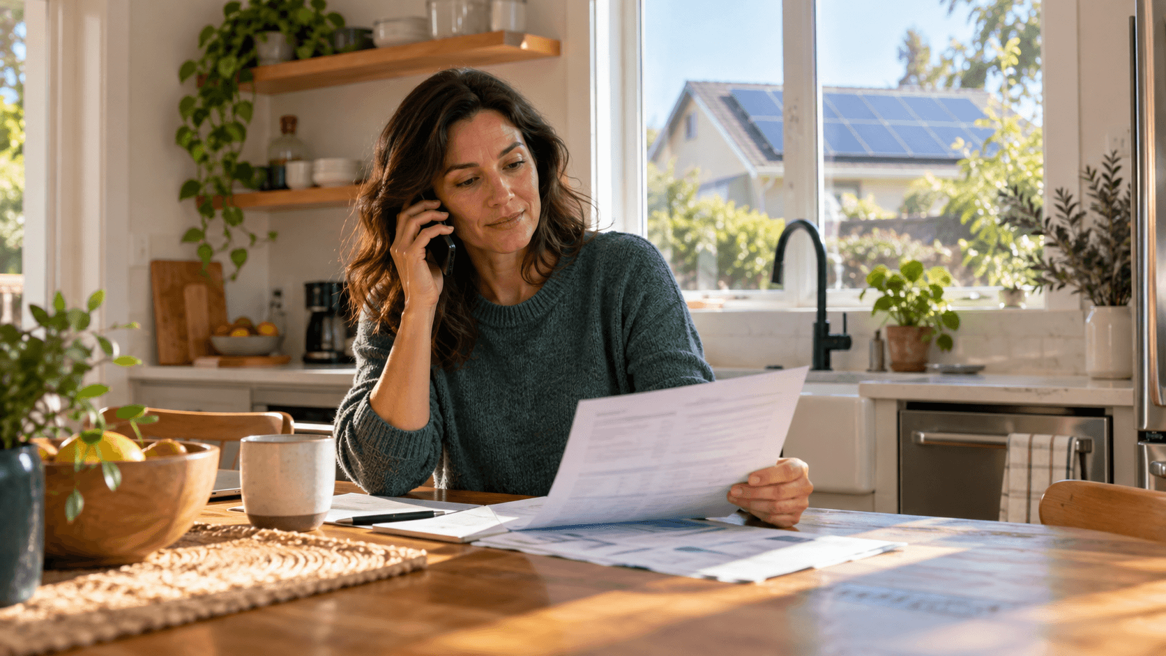 Homeowner discussing a utility bill by phone with a solar-roofed home visible outside