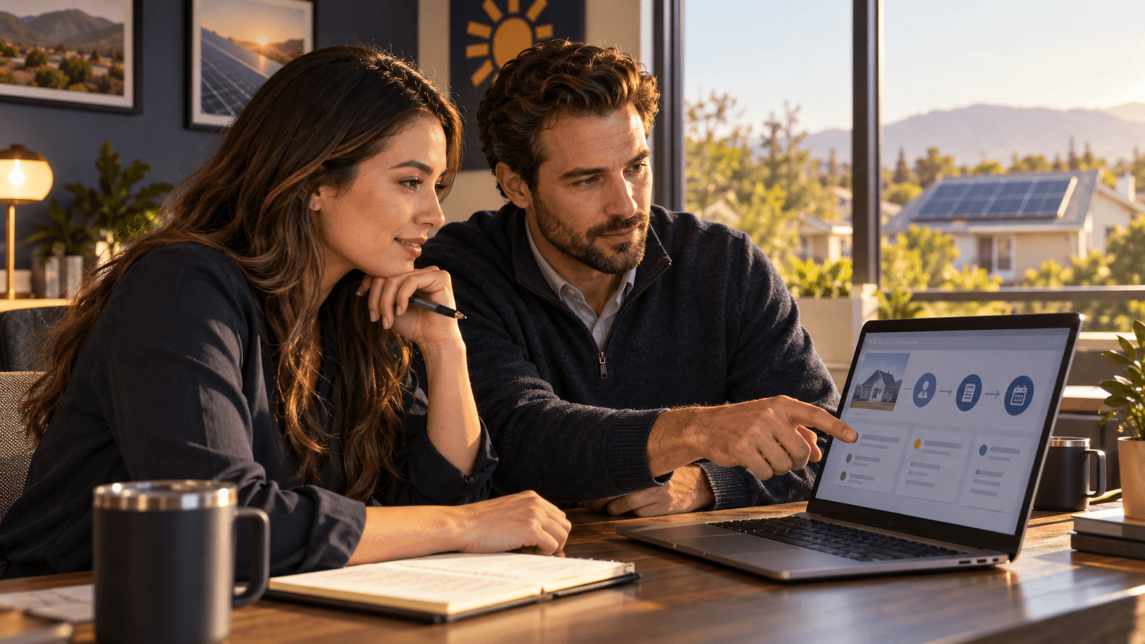 Solar sales colleagues reviewing homeowner inquiry context before following up