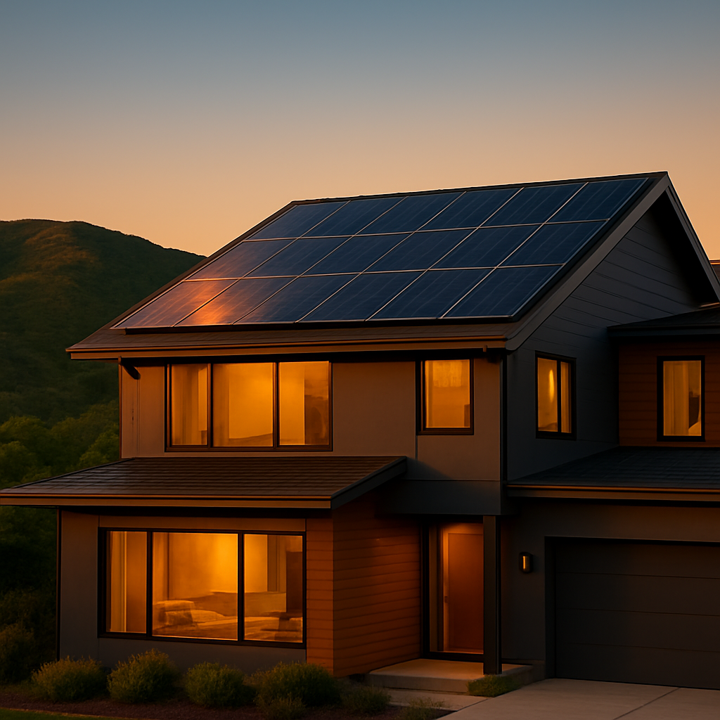Premium residential home with solar panels at golden hour